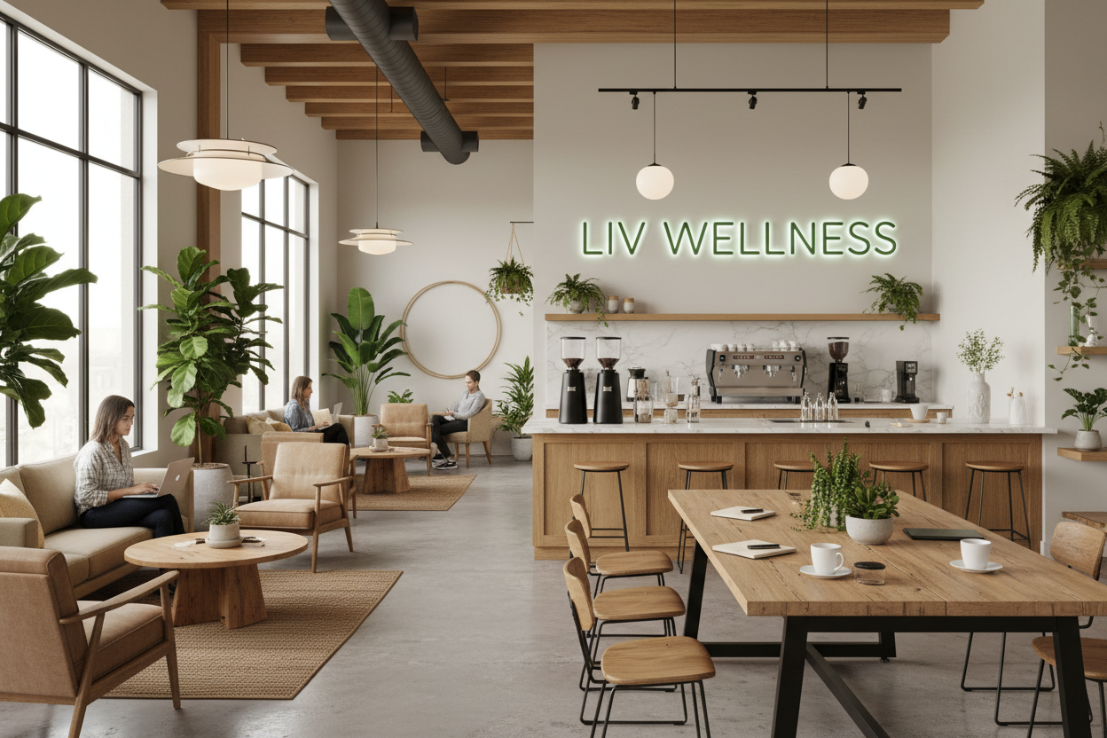 COMMUNITY CO WORKING AND COFFEE WITH LIV WELLNESS SIGN IN THE BACK 