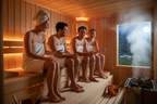 CREATE AN IMAGE OF 4 PEOPLE IN THEIR 20S SITTING IN SAUNA AND TALKING 