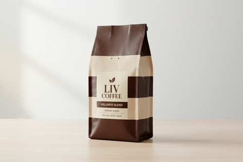 create me a bag off coffee beans that says LIV COFFEE on the label 