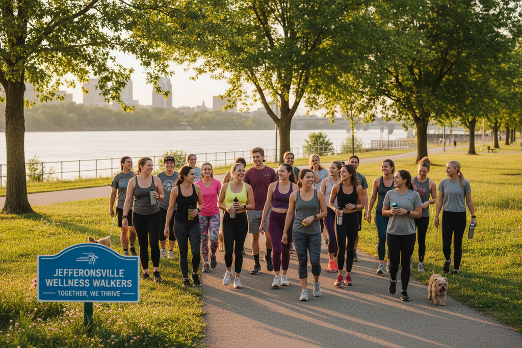 NOW CREATE A PHOTO OF COMMUNITY OF PEOPLE WALKING FOR THE WALKING CLUB IN JEFFERSONVILLE, IN 