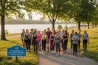 NOW CREATE A PHOTO OF COMMUNITY OF PEOPLE WALKING FOR THE WALKING CLUB IN JEFFERSONVILLE, IN 